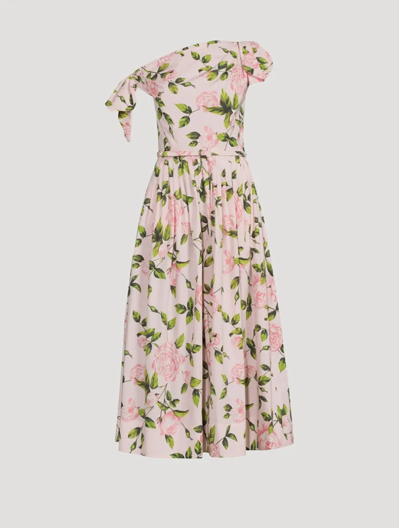 Asymmetric Poplin Midi Dress In Rose Print