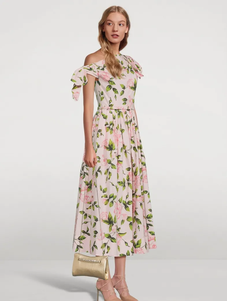 Asymmetric Poplin Midi Dress In Rose Print