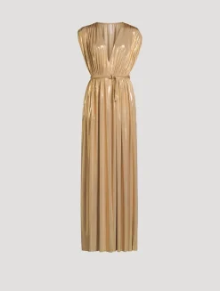 Athena Belted Lamé Gown