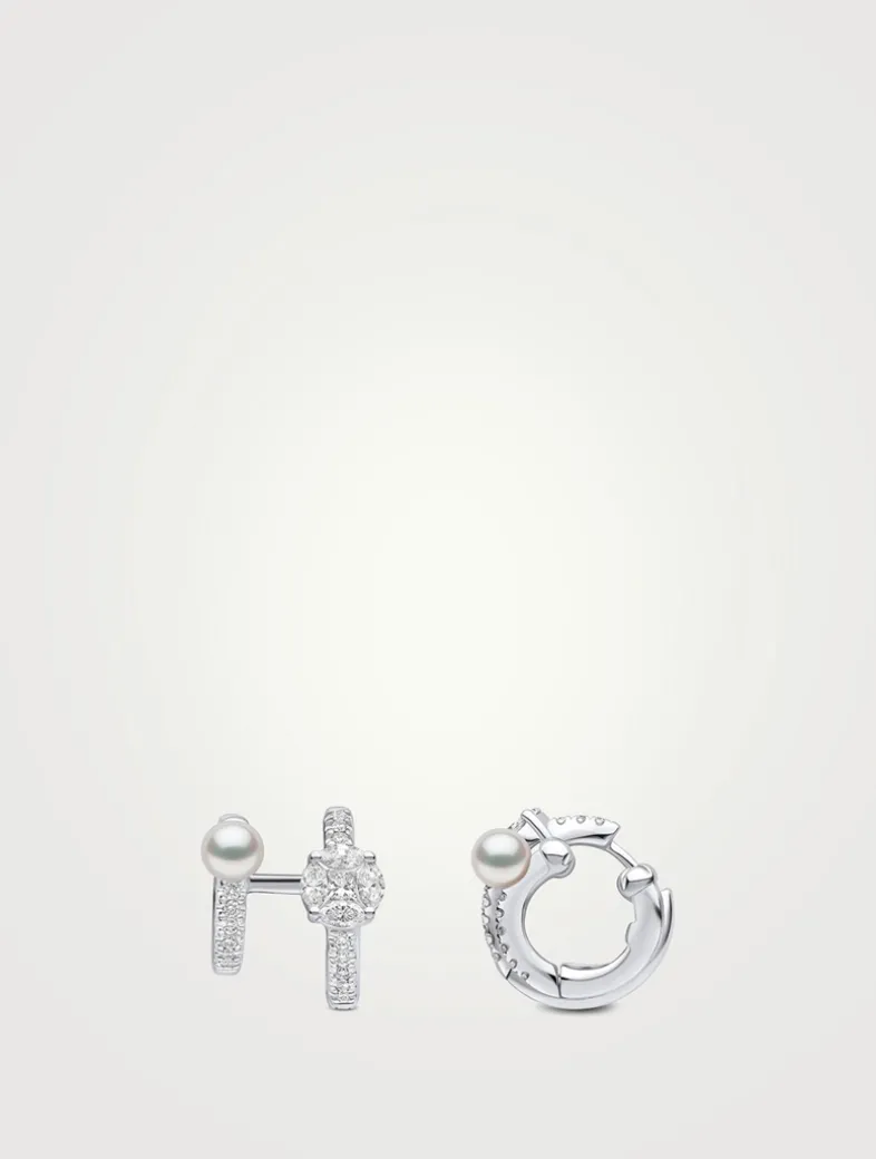 Baby Glitz 18K White Gold Akoya Pearl And Multi-Cut Diamond Hoop Earrings
