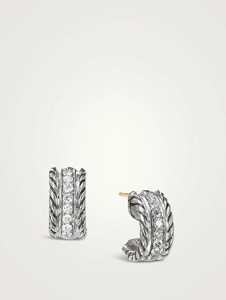 Cable Collectibles® Huggie Hoop Earrings In Sterling Silver With Pavé Diamonds