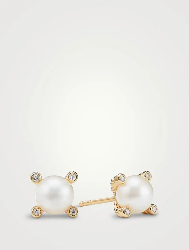 Cable Pearl Stud Earrings In 18k Yellow Gold With Diamonds
