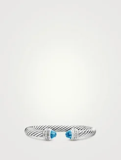 Classic Cable Bracelet In Sterling Silver With Blue Topaz And Diamonds, 7mm