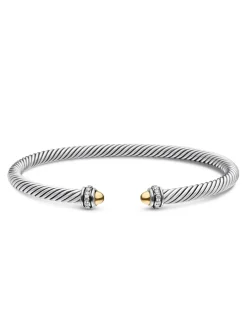 Classic Cable Bracelet In Sterling Silver With 18k Yellow Gold Domes And Diamonds, 4mm