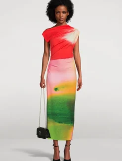 Draped Jersey Midi Dress In Abstract Watercolour Print
