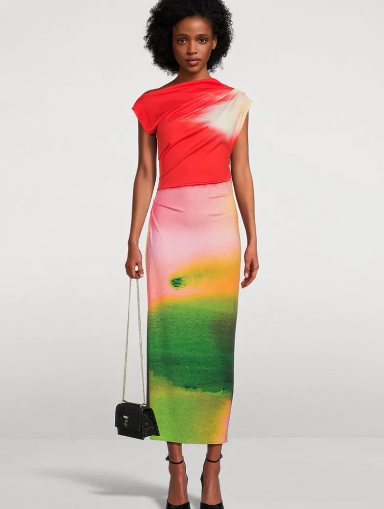 Draped Jersey Midi Dress In Abstract Watercolour Print