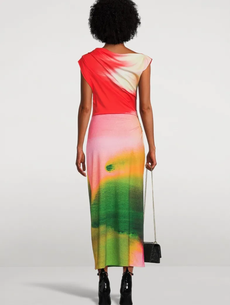 Draped Jersey Midi Dress In Abstract Watercolour Print