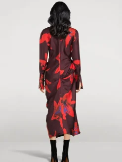 Draped Silk Dress In Lily Print