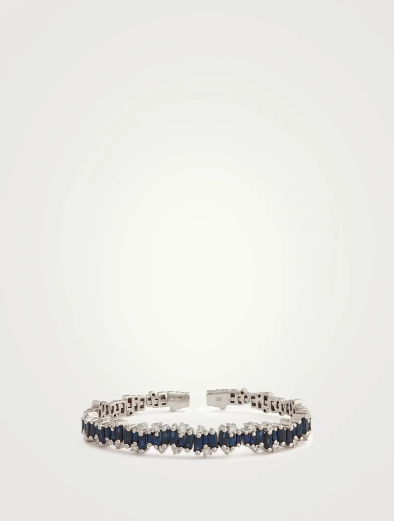 Fireworks 18K White Gold Flexible Bangle Bracelet With Dark Blue Sapphires And Diamonds