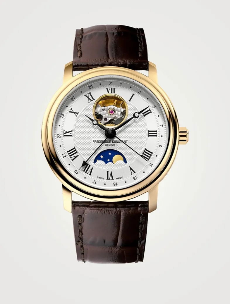 Heart Beat Moonphase-Date Gold-Tone Stainless Steel Leather Strap Watch