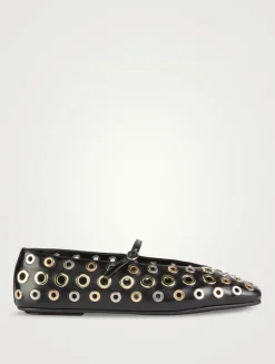 Holed Gromet Leather Mary Jane Ballet Flats