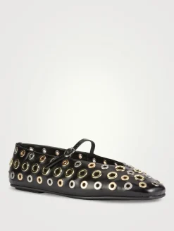 Holed Gromet Leather Mary Jane Ballet Flats
