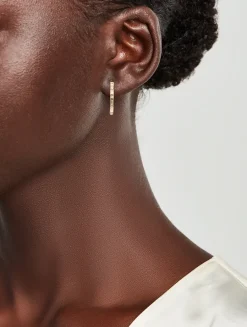 14K Gold Baguette And Round Diamond Bezel Hoop Earrings