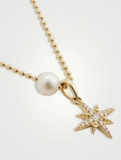 14K Gold Ball Chain Starburst Pendant Necklace With Pearl And Diamonds