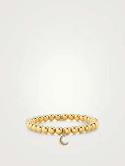 14K Gold Beaded Bracelet With Small Diamond Moon Charm