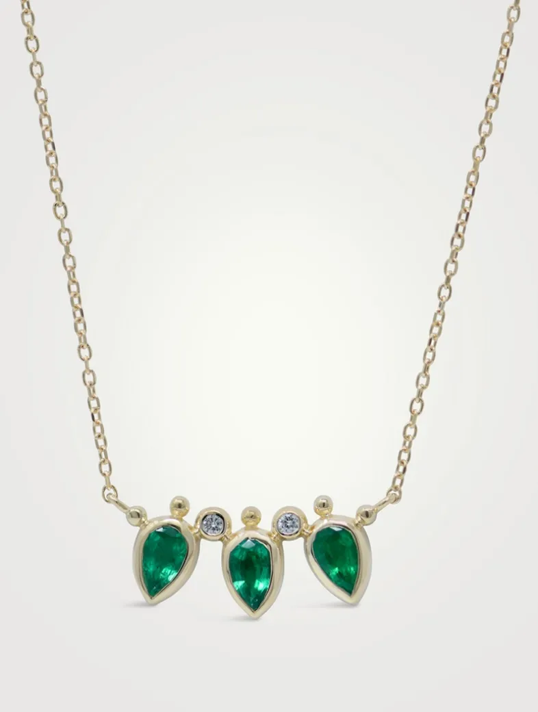 14K Gold Bezel Bouquet Mini Fan Necklace With Emerald And Diamonds