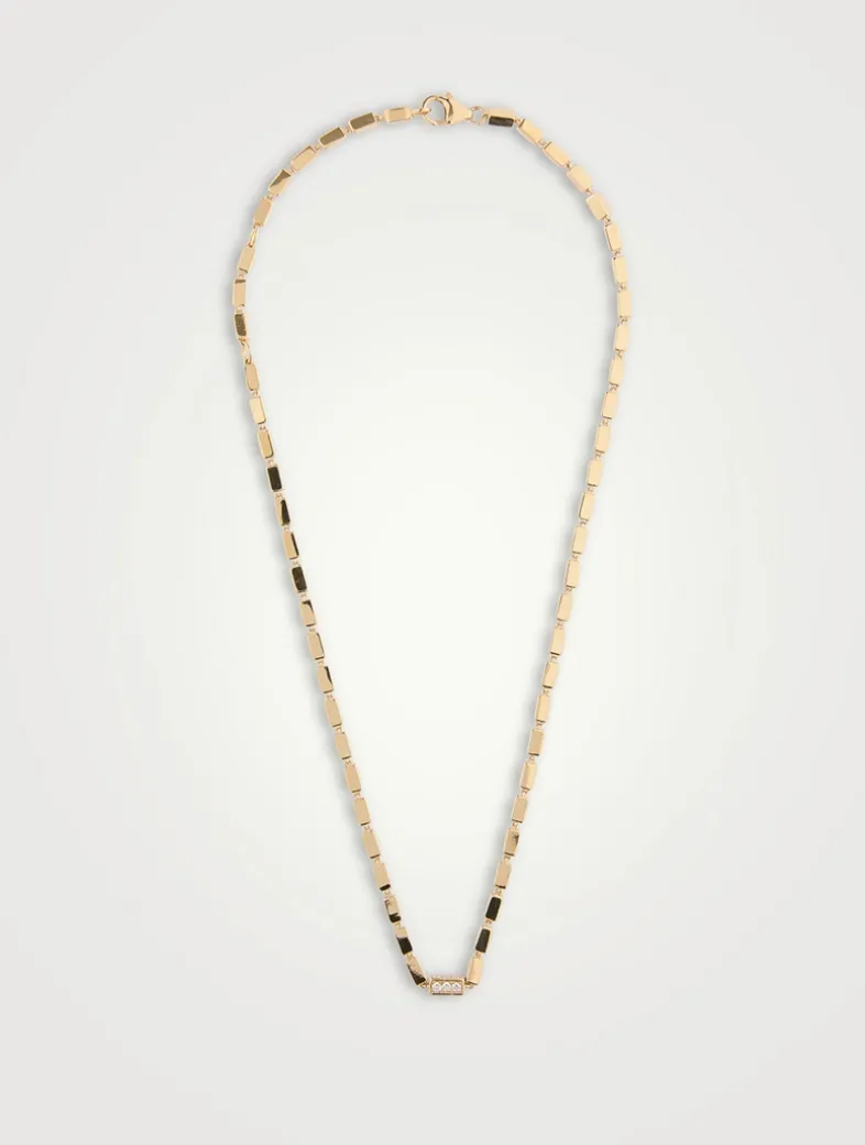 18K Gold Block-Chain Single Pavé Diamond Thick Necklace