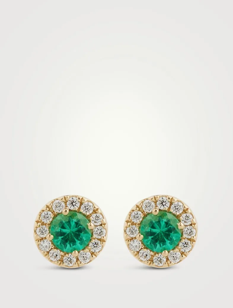 18K Gold Emerald Stud Earrings With Diamonds