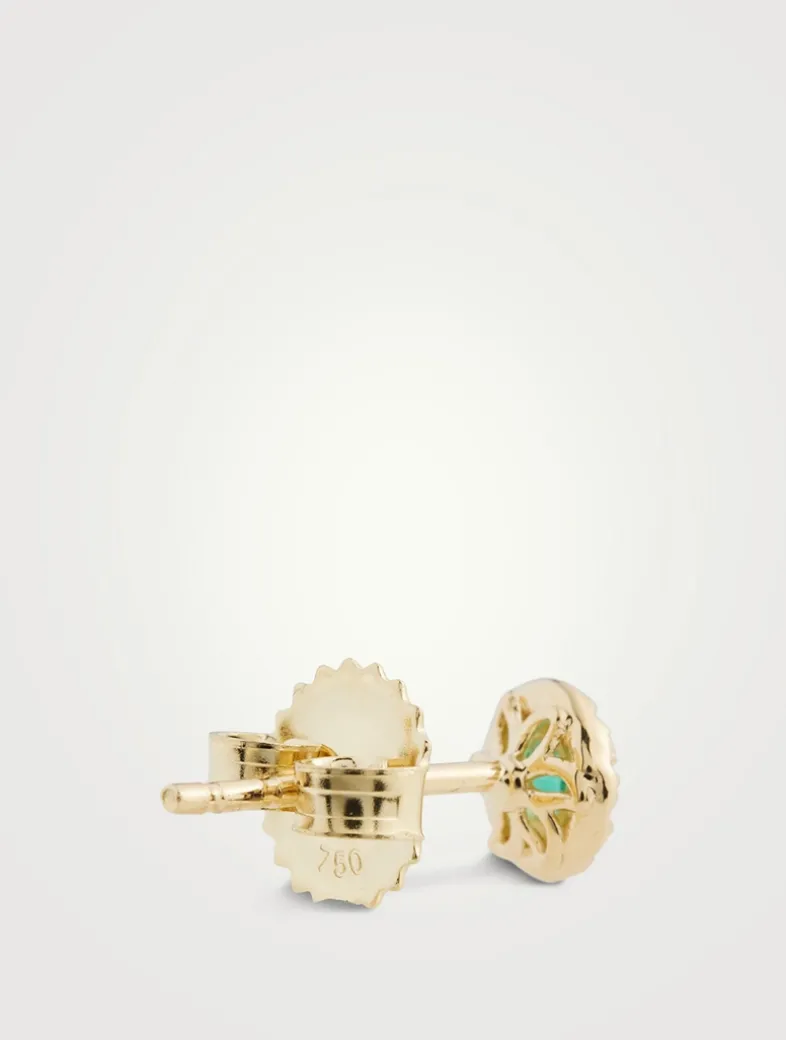 18K Gold Emerald Stud Earrings With Diamonds