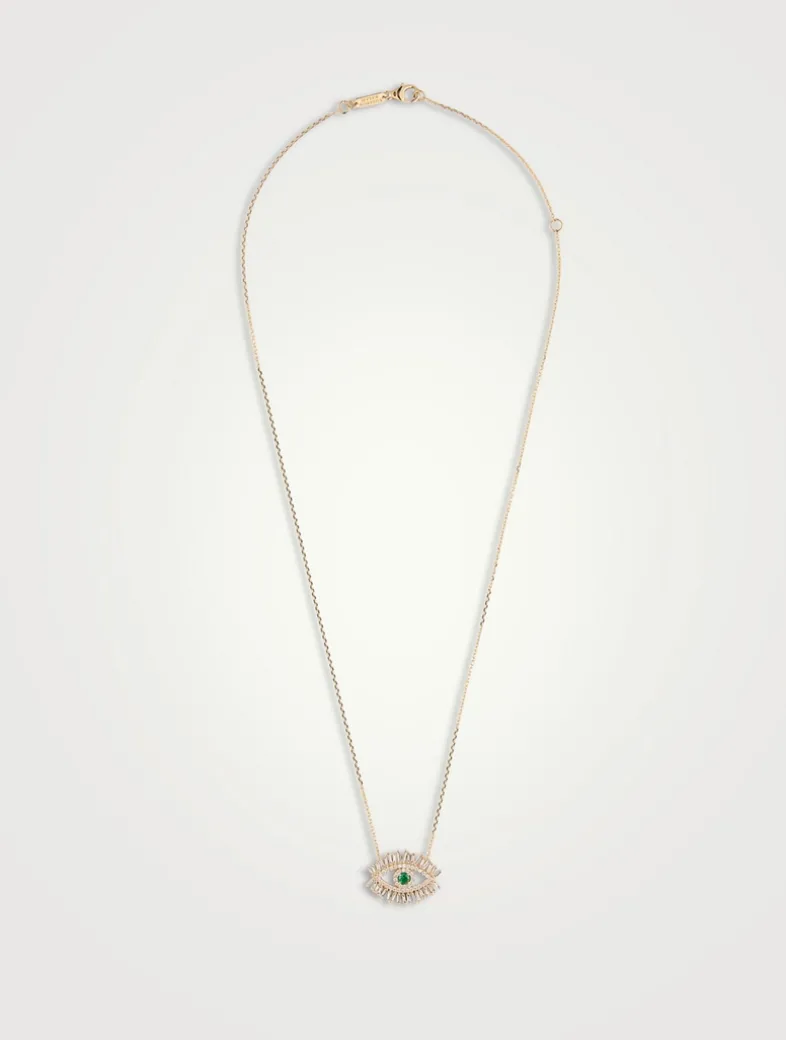 18K Gold Evil Eye Midi Emerald Half Pavé Pendant Necklace