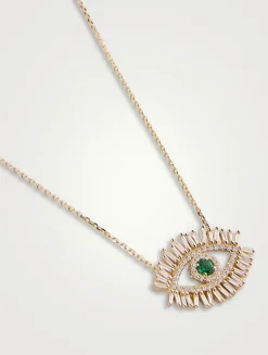 18K Gold Evil Eye Midi Emerald Half Pavé Pendant Necklace