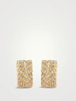 14K Gold Herringbone Huggie Hoop Earrings With Diamonds