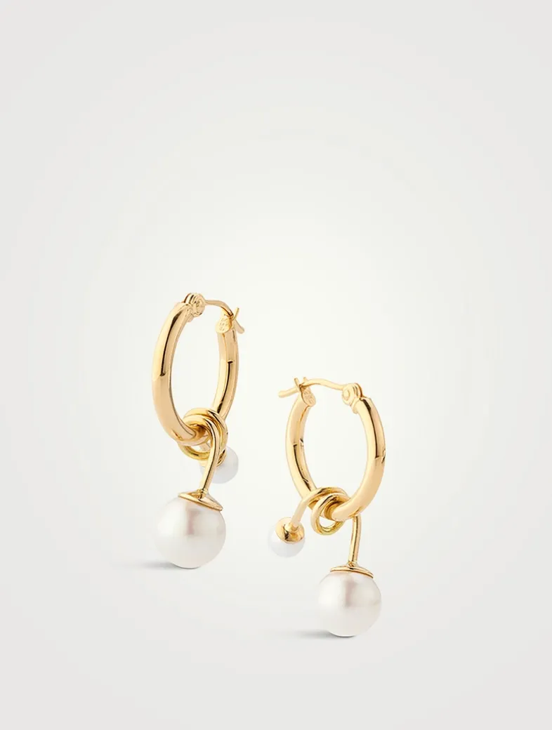 14K Gold Hoop Earrings With Swirl Pearl Dangles