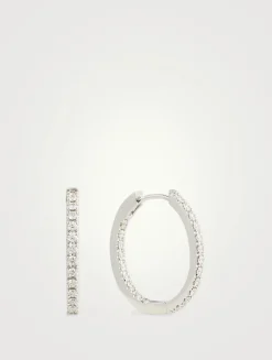 18K White Gold Oval Diamond Hoop Earrings