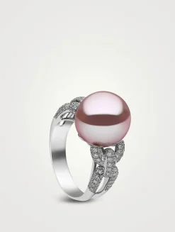 18K White Gold Pearl Ring With Diamonds