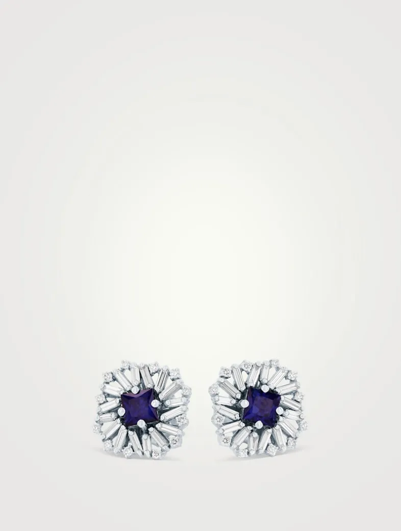 18K White Gold Princess Burst Sapphire Stud Earrings