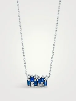 18K White Gold Shimmer Dark Blue Sapphire Mini Bar Pendant Necklace