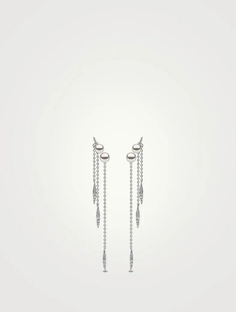 18K White Gold Triple Chain Earrings With Pearls and Diamonds