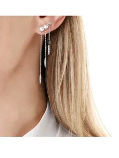 18K White Gold Triple Chain Earrings With Pearls and Diamonds