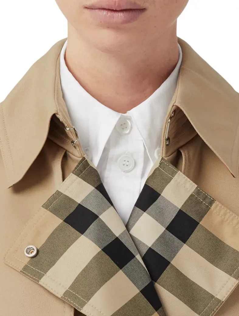 Long Check Lapel Gabardine Trench Coat