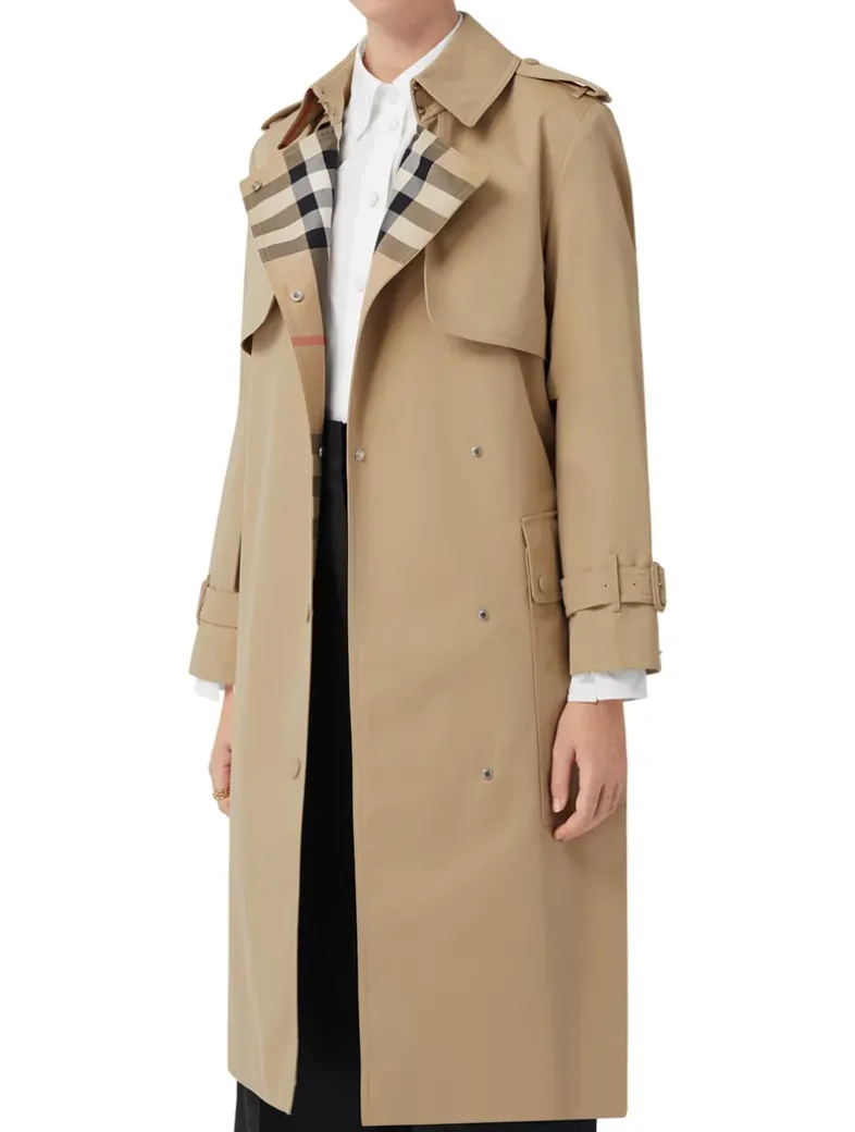 Long Check Lapel Gabardine Trench Coat
