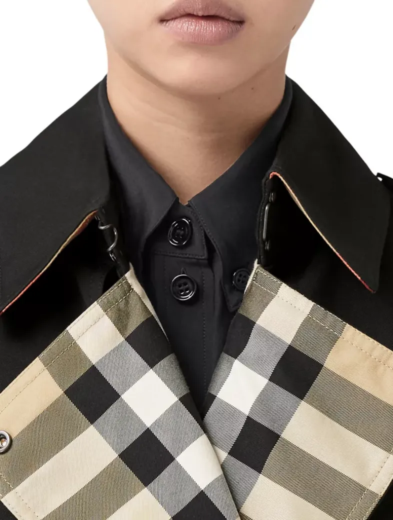 Long Check Lapel Gabardine Trench Coat