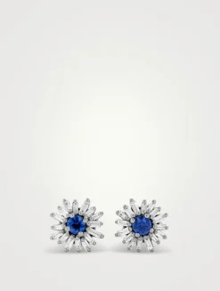 One Of A Kind 18K White Gold Sapphire And Diamond Flower Earrings