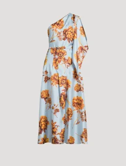 One-Shoulder Silk Twill Midi Dress In Peony Print