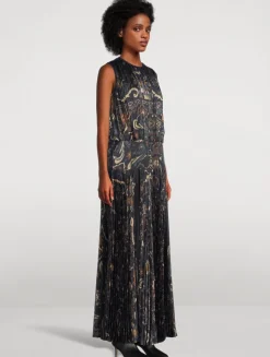 Pleated Satin Maxi Dress In Floral Print