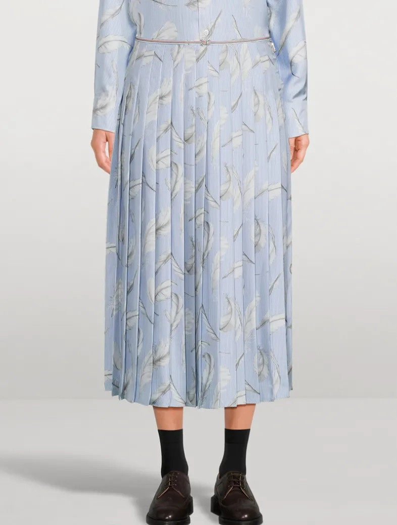 Pleated Silk Twill Midi Skirt In Feather Print
