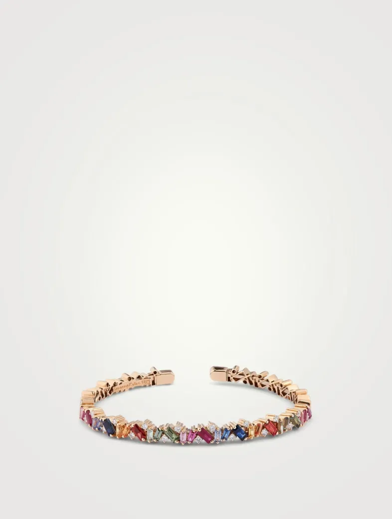 Rainbow Fireworks 18K Gold Frenzy Bangle Cuff Bracelet With Sapphire And Diamonds
