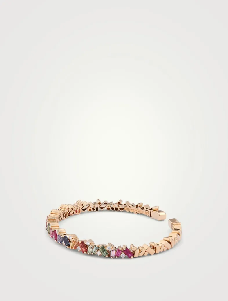 Rainbow Fireworks 18K Gold Frenzy Bangle Cuff Bracelet With Sapphire And Diamonds