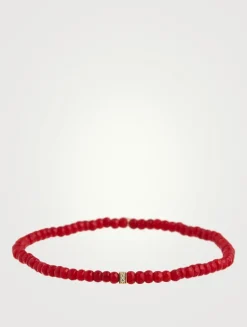 Red Bamboo Coral Beaded Bracelet With Small 14K Gold Pavé Diamond Bead