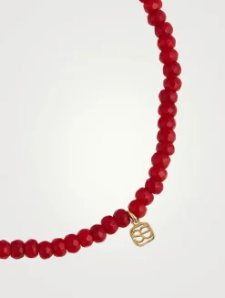 Red Bamboo Coral Beaded Bracelet With Small 14K Gold Pavé Diamond Bead