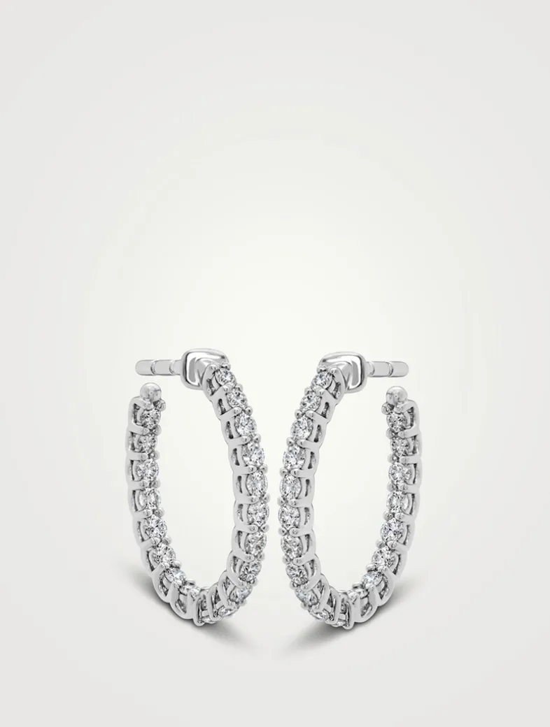Signature 18K White Gold Oval Hoop Earrings With Diamonds