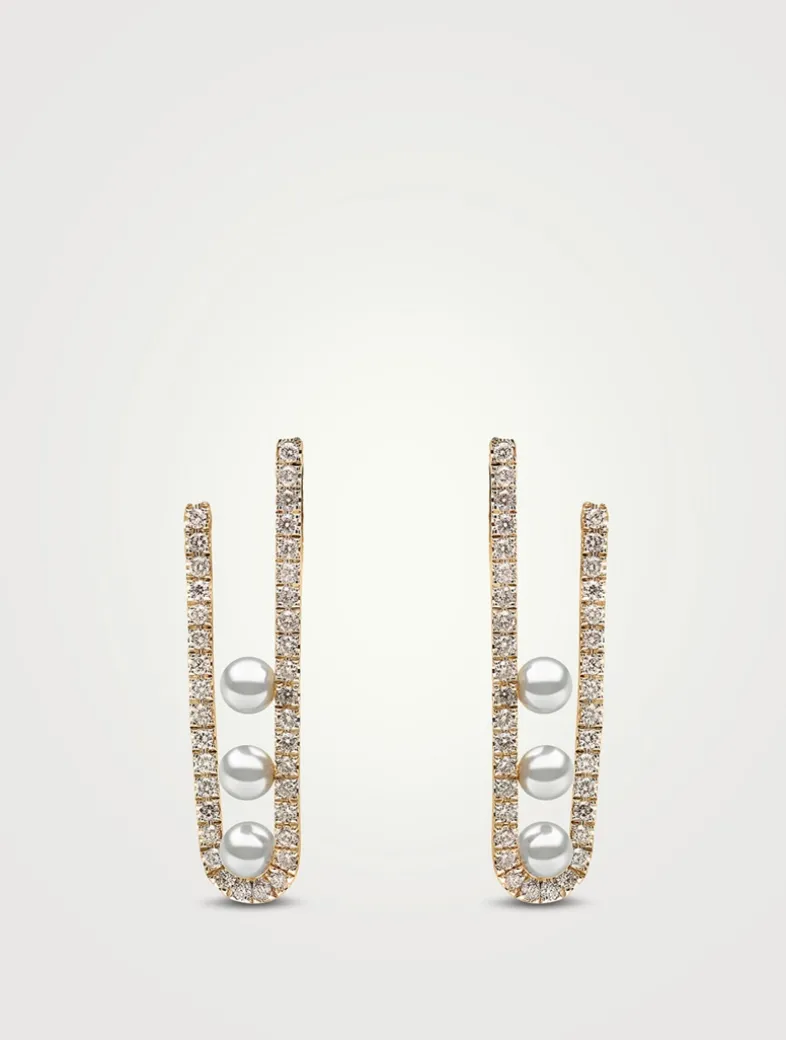 Sleek 18K Gold Akoya Pearl Earrings With Diamonds