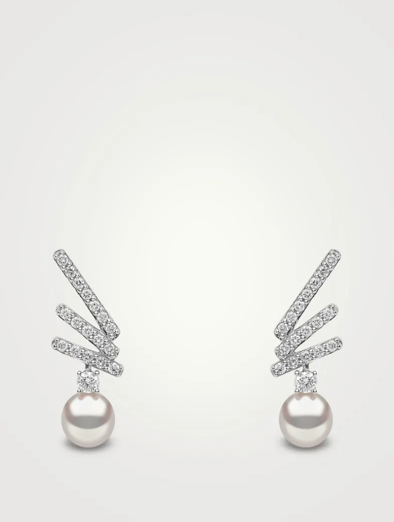 Sleek 18K White Gold Akoya Pearl Drop Earrings With Diamonds