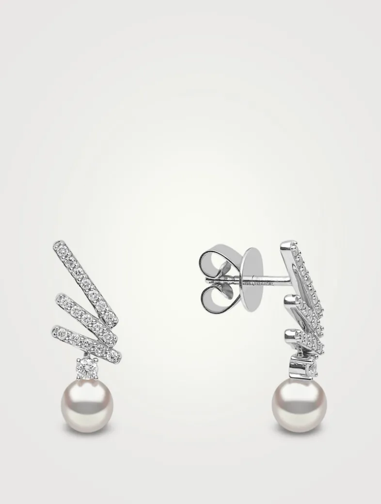 Sleek 18K White Gold Akoya Pearl Drop Earrings With Diamonds