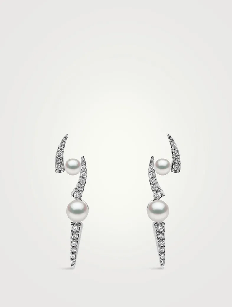 Sleek 18K White Gold Akoya Pearl Earrings With Diamonds