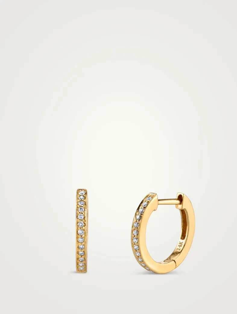 Small 14K Gold Huggie Hoop Earrings With Diamonds